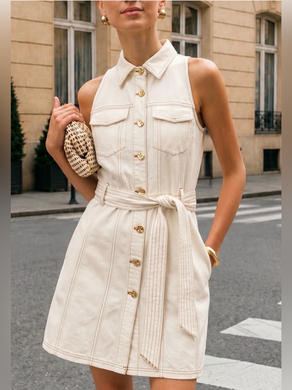 Commense Sleeveless Denim Belted Dress